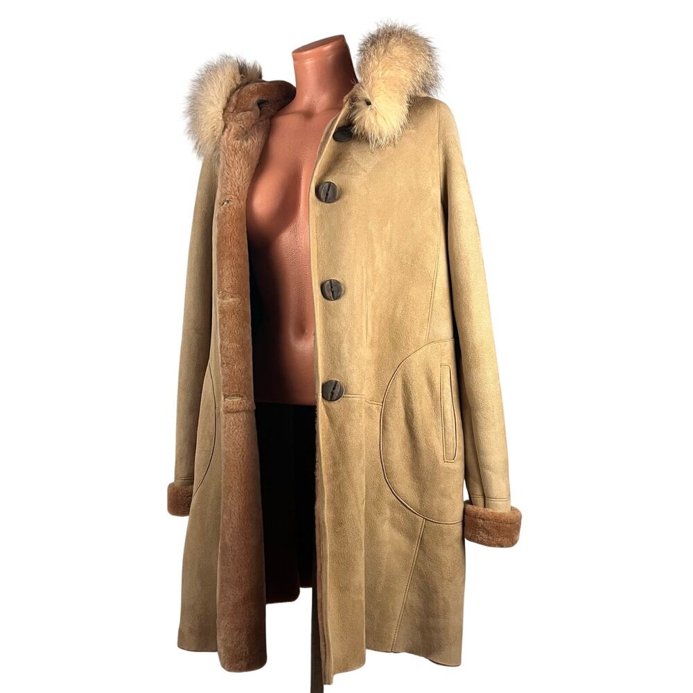 Y2K Shearling Sheepskin Fox Fur Trim Leather Coat 38